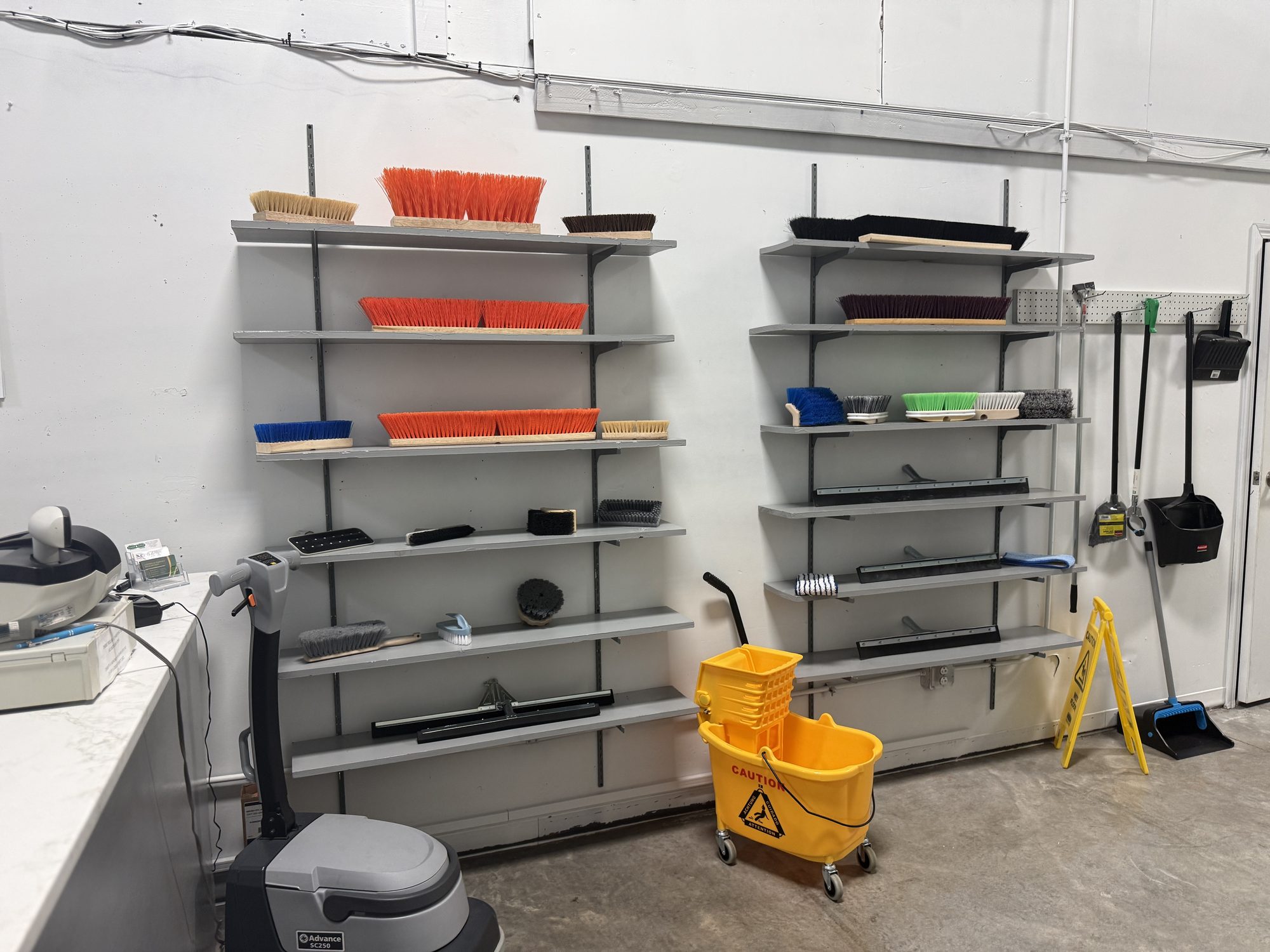 Shelves of scrub brushes in different colors and sizes