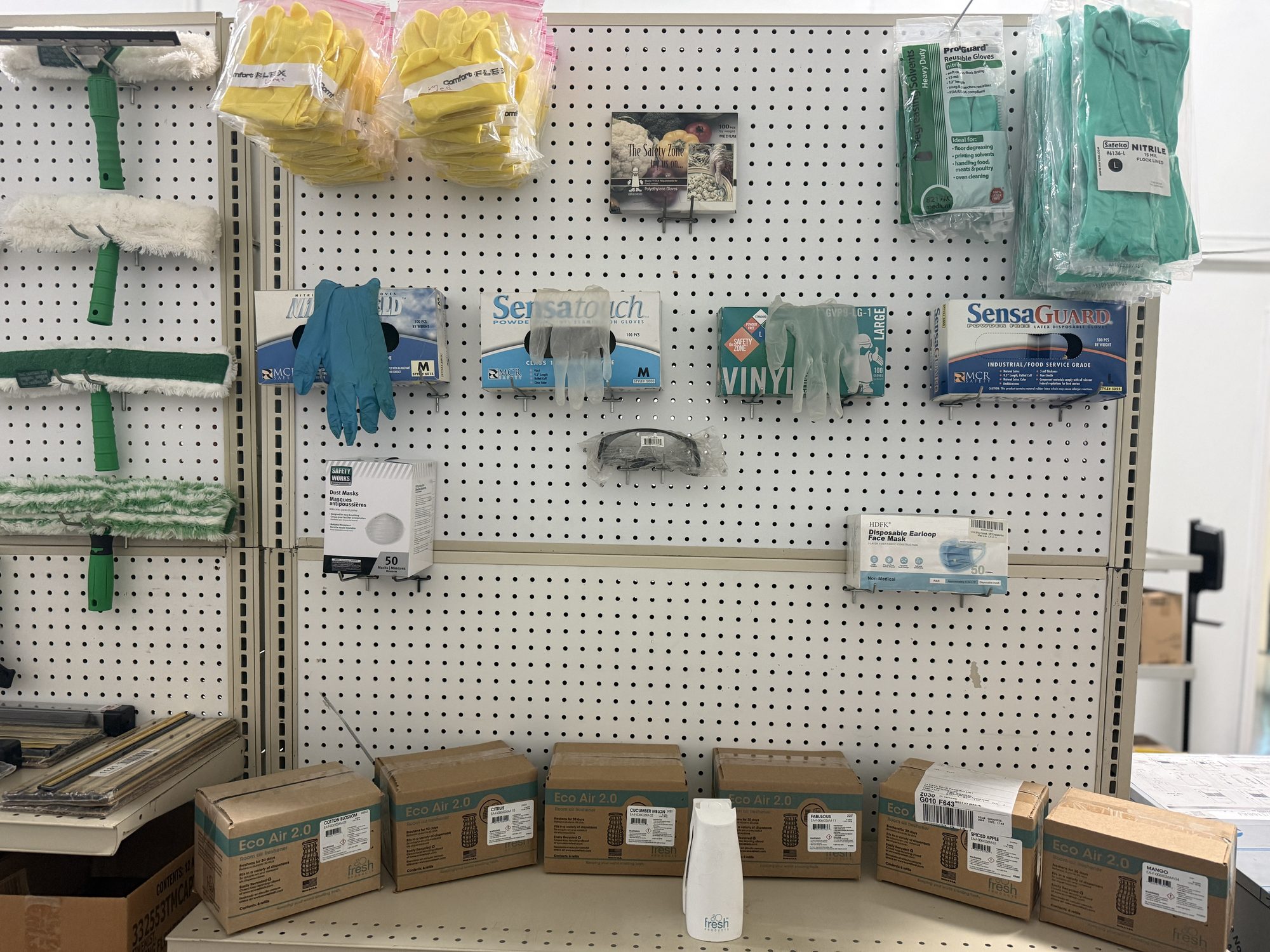 Gloves, masks and safety gear in the McLeod's showroom
